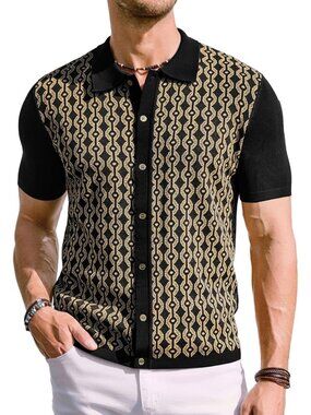 Men's Black Gold 70s Vintage Contrast Polo Short Sleeve Retro Knitwear Shirt